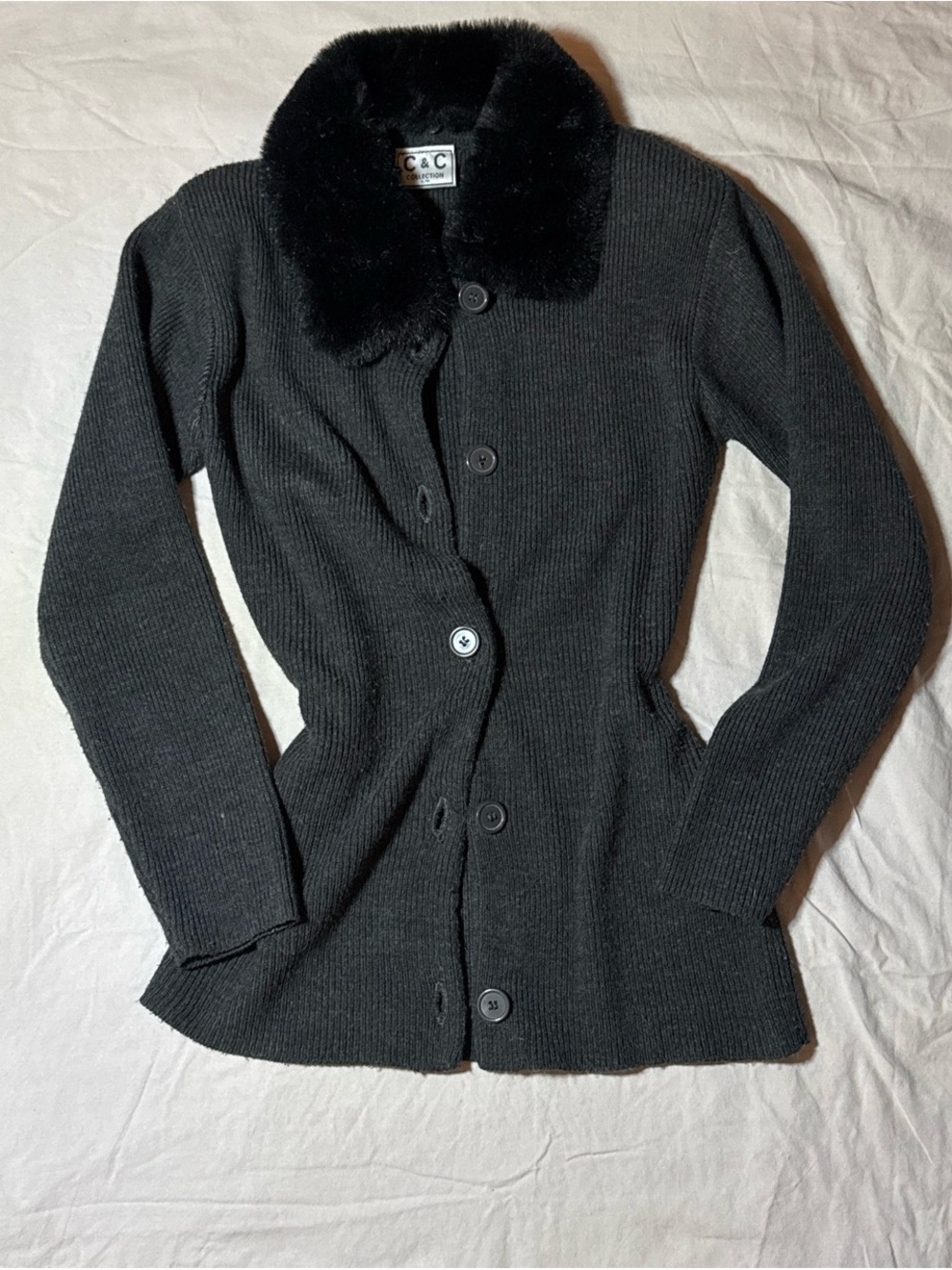 C&C California Black Faux Fur Collar Knit Cardigan